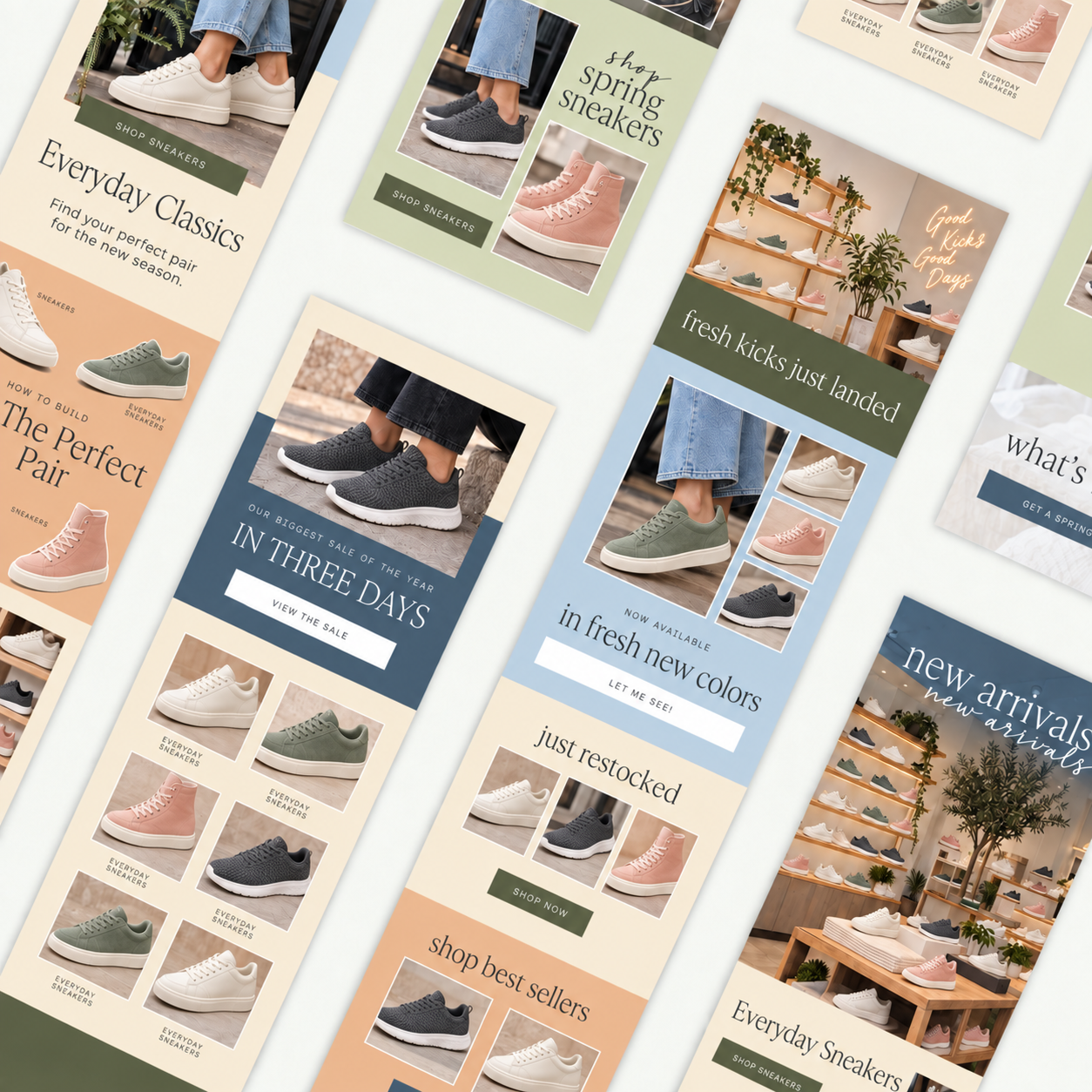 Gallery of sneaker email templates with varied layouts, product photos and promotional designs